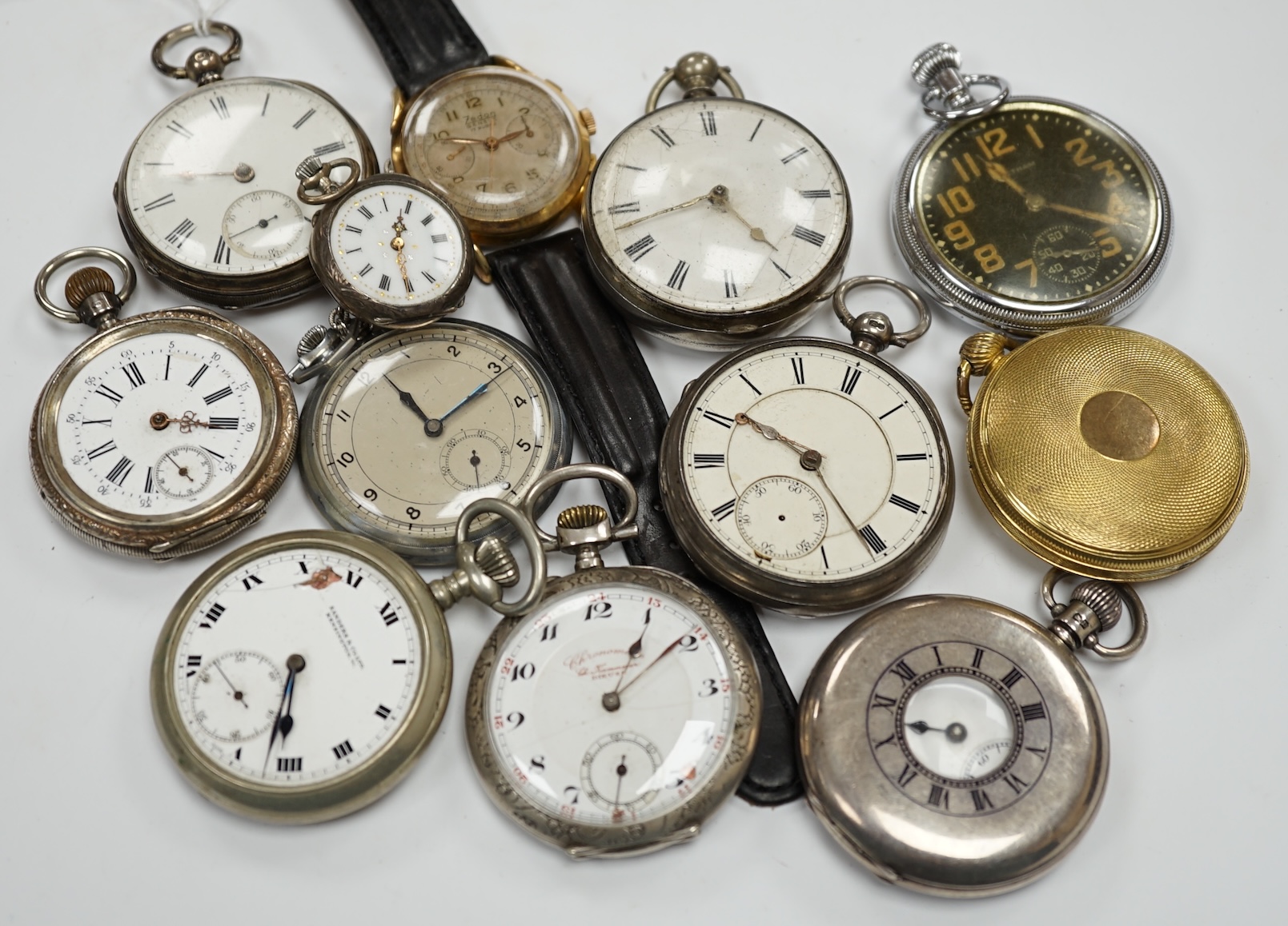 A small collection of assorted pocket watches, including five white metal or silver and a silver pair case by Shipley of Derby, lacking outer case, together with a Waltham black dial, fob watch and a Zedon steel and gold